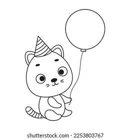 Coloring page cute little cat in birthday hat hold balloon. Coloring book for kids. Educational activity for preschool years kids and toddlers with cute animal. Vector stock illustration