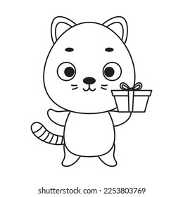 Coloring page cute little cat with gift box. Coloring book for kids. Educational activity for preschool years kids and toddlers with cute animal. Vector stock illustration