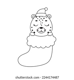 Coloring page cute little cheetah in Christmas sock. Coloring book for kids. Educational activity for preschool years kids and toddlers with cute animal. Vector stock illustration