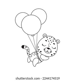 Coloring page cute little cheetah flying on balloons. Coloring book for kids. Educational activity for preschool years kids and toddlers with cute animal. Vector stock illustration