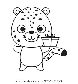 Coloring page cute little cheetah with gift box. Coloring book for kids. Educational activity for preschool years kids and toddlers with cute animal. Vector stock illustration