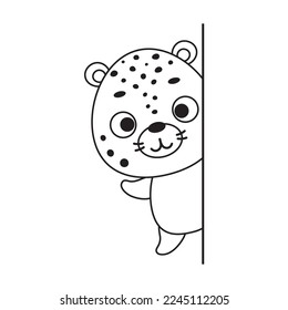 Coloring page cute little cheetah peeking around corner. Coloring book for kids. Educational activity for preschool years kids and toddlers with cute animal. Vector stock illustration