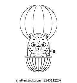 Coloring page cute little cheetah flying on hot air balloon. Coloring book for kids. Educational activity for preschool years kids and toddlers with cute animal. Vector stock illustration