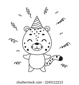 Coloring page cute little cheetah in birthday hat. Coloring book for kids. Educational activity for preschool years kids and toddlers with cute animal. Vector stock illustration