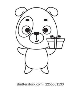 Coloring page cute little dog with gift box. Coloring book for kids. Edudogional activity for preschool years kids and toddlers with cute animal. Vector stock illustration