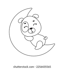 Coloring page cute little dog sleeping on moon. Coloring book for kids. Edudogional activity for preschool years kids and toddlers with cute animal. Vector stock illustration