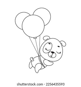 Coloring page cute little dog flying on balloons. Coloring book for kids. Edudogional activity for preschool years kids and toddlers with cute animal. Vector stock illustration