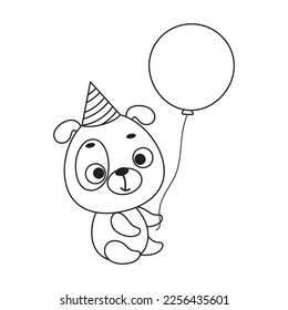 Coloring page cute little dog in birthday hat hold balloon. Coloring book for kids. Edudogional activity for preschool years kids and toddlers with cute animal. Vector stock illustration