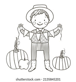Coloring page with cute little farmer, pumpkins and harvest. Fall farm black and white contour vector illustration for a coloring book.