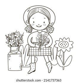Coloring page and cute little farmer  flowers   sunflower  Farm black   white contour vector illustration for coloring book 