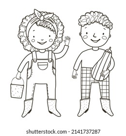 Coloring page with cute little farmers. Farm black and white contour vector illustration for a coloring book.