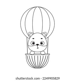 Coloring page cute little fox flying on hot air balloon. Coloring book for kids. Educational activity for preschool years kids and toddlers with cute animal. Vector stock illustration