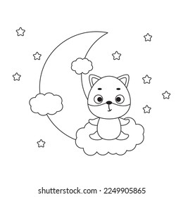 Coloring page cute little fox sitting on cloud. Coloring book for kids. Educational activity for preschool years kids and toddlers with cute animal. Vector stock illustration