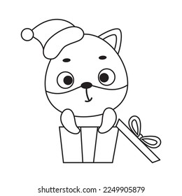 Coloring page cute little fox sitting in gift box. Coloring book for kids. Educational activity for preschool years kids and toddlers with cute animal. Vector stock illustration