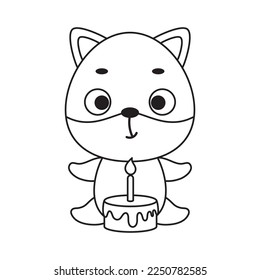 Coloring page cute little fox with birthday cake. Coloring book for kids. Educational activity for preschool years kids and toddlers with cute animal. Vector stock illustration