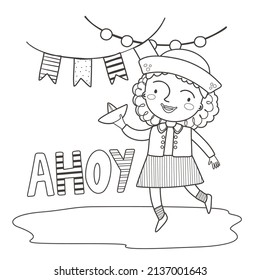 Coloring page with cute little girl on the beach. Nautical outline vector illustration. Black and white illustration for a coloring book.