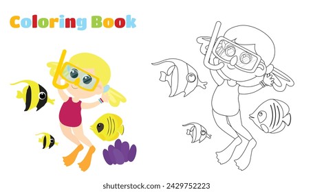 Coloring page. A cute little girl in a swimsuit, fins and a snorkeling mask next to the fish. Children's activity underwater. Child illustration in cartoon style.