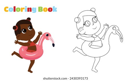 Coloring page. A cute little girl runs with a pink flamingo inflatable ring. The child is dressed in a swimsuit and is happy. Summer holiday cartoon illustration.