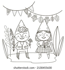 Coloring page with a cute little gnome boy and girl. Outline vector autumn illustration. Black and white illustration for a coloring book.