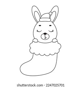Coloring page cute little hare in Christmas sock. Coloring book for kids. Educational activity for preschool years kids and toddlers with cute animal. Vector stock illustration