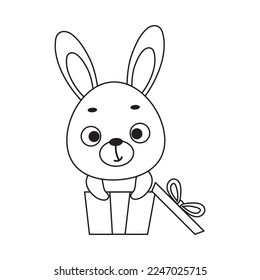 Coloring page cute little hare sitting in gift box. Coloring book for kids. Educational activity for preschool years kids and toddlers with cute animal. Vector stock illustration