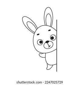 Coloring page cute little hare peeking around corner. Coloring book for kids. Educational activity for preschool years kids and toddlers with cute animal. Vector stock illustration