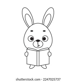 Coloring page cute little hare reads book. Coloring book for kids. Educational activity for preschool years kids and toddlers with cute animal. Vector stock illustration
