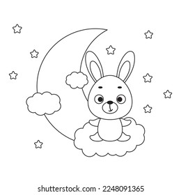 Coloring page cute little hare sitting on cloud. Coloring book for kids. Educational activity for preschool years kids and toddlers with cute animal. Vector stock illustration