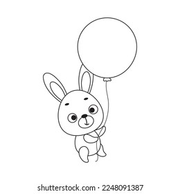 Coloring page cute little hare flies on balloon. Coloring book for kids. Educational activity for preschool years kids and toddlers with cute animal. Vector stock illustration