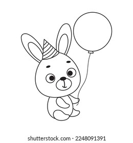 Coloring page cute little hare in birthday hat hold balloon. Coloring book for kids. Educational activity for preschool years kids and toddlers with cute animal. Vector stock illustration