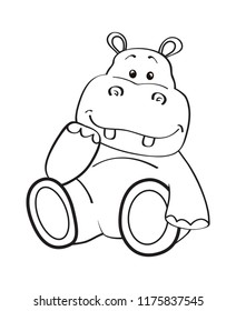 Coloring page of cute little hippo for preschool kids activity educational worksheet. Vector artwork