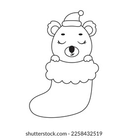 Coloring page cute little koala in Christmas sock. Coloring book for kids. Educational activity for preschool years kids and toddlers with cute animal. Vector stock illustration