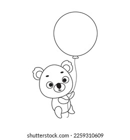 Coloring page cute little koala flies on balloon. Coloring book for kids. Educational activity for preschool years kids and toddlers with cute animal. Vector stock illustration