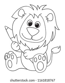 Coloring page of cute little lion with pencil for preschool kids activity educational worksheet. Vector artwork