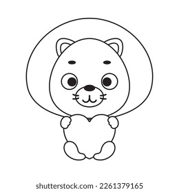 Coloring page cute little lion holds heart. Coloring book for kids. Edulionional activity for preschool years kids and toddlers with cute animal. Vector stock illustration