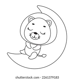Coloring page cute little lion sleeping on moon. Coloring book for kids. Edulionional activity for preschool years kids and toddlers with cute animal. Vector stock illustration