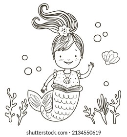 Coloring page with cute little mermaid. Outline vector illustration under the sea. Black and white illustration for a coloring book.