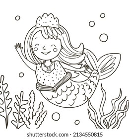 Coloring page with cute little mermaid. Outline vector illustration under the sea. Black and white illustration for a coloring book.