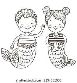 Coloring page with cute little mermaid. Outline vector illustration under the sea. Black and white illustration for a coloring book.