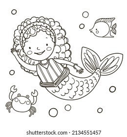 Coloring page with cute little mermaid, fish and crab. Outline vector illustration under the sea. Black and white illustration for a coloring book.