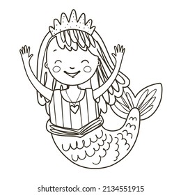 Coloring page with cute little mermaid. Outline vector illustration under the sea. Black and white illustration for a coloring book.