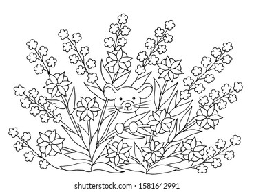 Coloring page with cute little mouse in summer flowers, symbol of 2020