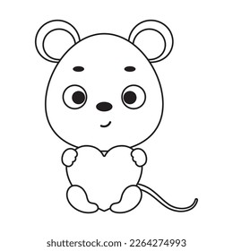 Coloring page cute little mouse holds heart. Coloring book for kids. Educational activity for preschool years kids and toddlers with cute animal. Vector stock illustration
