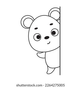 Coloring page cute little mouse peeking around corner. Coloring book for kids. Educational activity for preschool years kids and toddlers with cute animal. Vector stock illustration