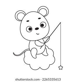 Coloring page cute little mouse fishing star on cloud. Coloring book for kids. Educational activity for preschool years kids and toddlers with cute animal. Vector stock illustration