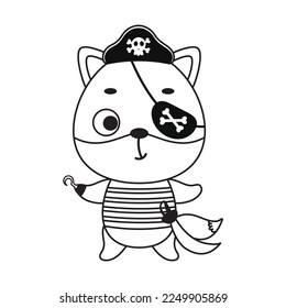 Coloring page cute little pirate fox with hook and blindfold. Coloring book for kids. Educational activity for preschool years kids and toddlers with cute animal. Vector stock illustration