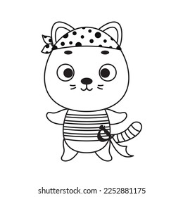 Coloring page cute little pirate cat. Coloring book for kids. Educational activity for preschool years kids and toddlers with cute animal. Vector stock illustration