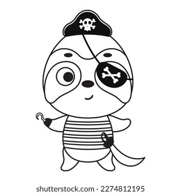 Coloring page cute little pirate sloth with hook and blindfold. Coloring book for kids. Educational activity for preschool years kids and toddlers with cute animal. Vector stock illustration