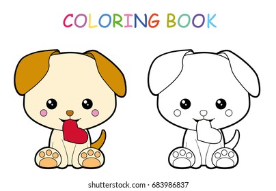 Coloring page of cute little puppy with love for preschool kids activity educational worksheet. Vector artwork