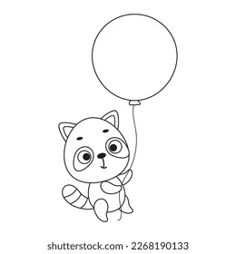 Coloring page cute little raccoon flies on balloon. Coloring book for kids. Educational activity for preschool years kids and toddlers with cute animal. Vector stock illustration